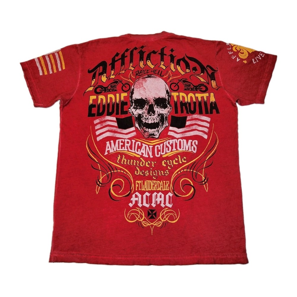 Affliction American Customs Eddie Trotta TCD Skull T Shirt Mens M Distressed Red